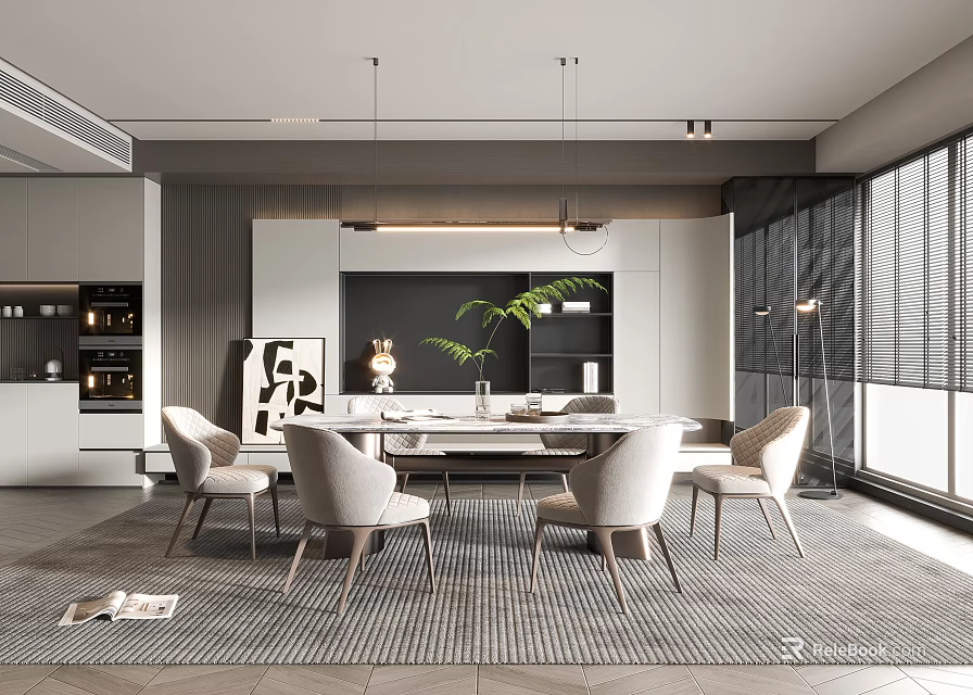 Modern Restaurant Interior With Dining Table Chairs Hanging Lights Windows And Decorative Plants 3d model