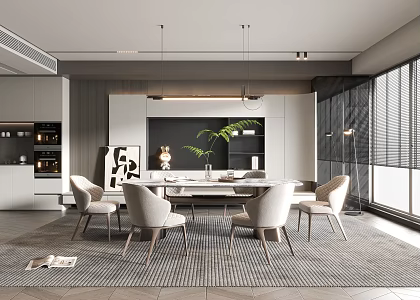 Modern Restaurant Dining Table and Chair Floor Lamp TV Wall Cream Restaurant Stairs TV Cabinet 3d model