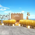 Scenic Photo Check in Spot with Wooden Backdrop Golden Decorations Round Lights and Sea View