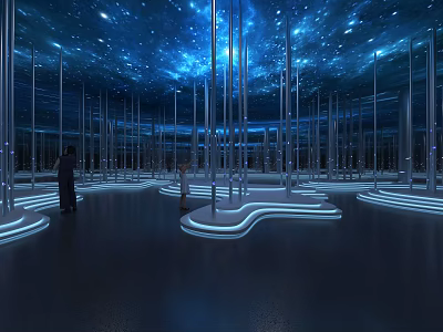 Immersive Art Installation Featuring Silver Columns Illuminated Curved Light Strips and Starry Sky Ceiling 3d model