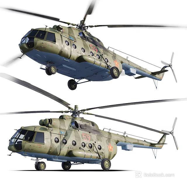 Olive Green Military Transport Helicopter With Multiple Round Windows And Landing Gear 3d model 