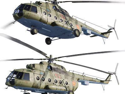 Olive Green Military Transport Helicopter With Multiple Round Windows And Landing Gear 3d model