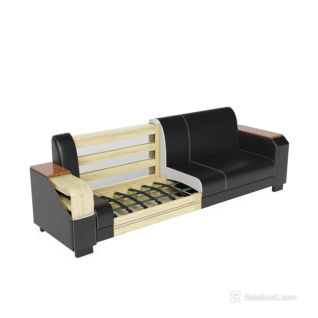 Modern Storage Sofa With Black Leather Wooden Armrests And Built in Wine Rack 3d model 