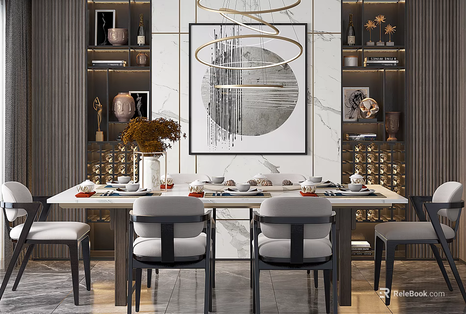 Elegant Luxury Restaurant Interior With Dining Table Chairs Decorative Painting And Vase 3d model 