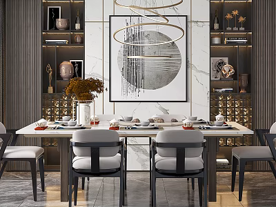 Elegant Luxury Restaurant Interior With Dining Table Chairs Decorative Painting And Vase 3d model