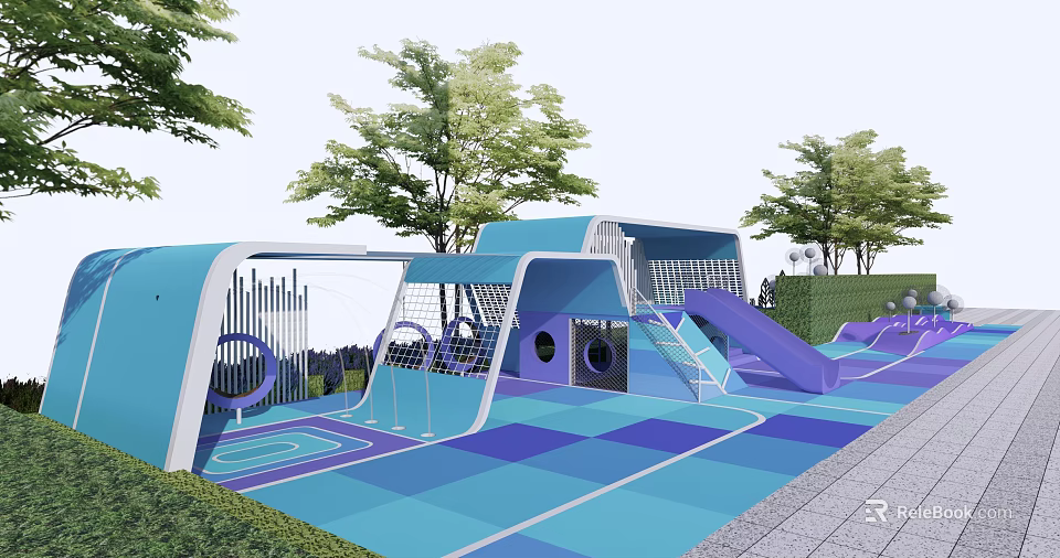 Outdoor Playground Equipment With Blue Purple Floor Slide Climbing Net And Trees 3d model 