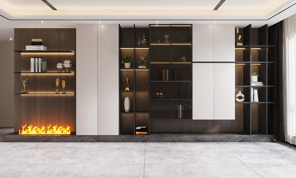Modern Built in Bookcase with LED Lighting Glass Shelves and Decorative Items 3d model 