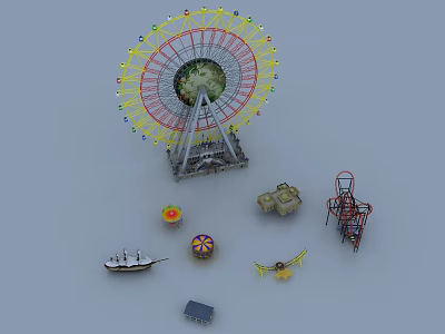 Fun Colorful Outdoor Amusement Equipment With Ferris Wheel Carousel Train Ride And Swing 3d model