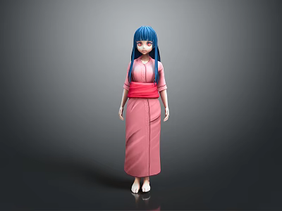 Anime Style Female Character 3D Model Featuring Blue Hair Pink Kimono Red Belt Design 3d model