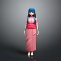 Anime Style Female Character 3D Model Featuring Blue Hair Pink Kimono Red Belt Design