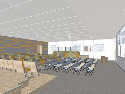 Modern Conference Room Interior With Arranged Tables Chairs Podium Projector And Orange Grey Striped Walls 3d model
