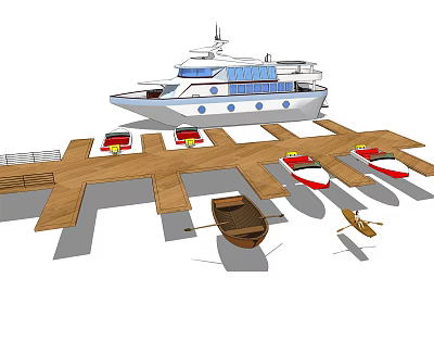 Traditional Wooden Boat Moored at Wooden Dock with Small Boats and Oars 3d model