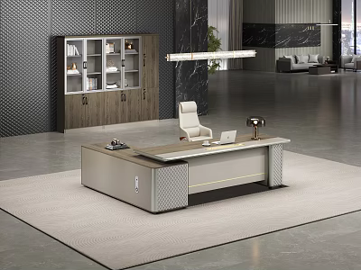 Elegant Modern Executive Desk with Office Chair Bookcase Rug Pendant Light Gray Wall Marble Accents 3d model