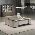 Elegant Modern Executive Desk with Office Chair Bookcase Rug Pendant Light Gray Wall Marble Accents