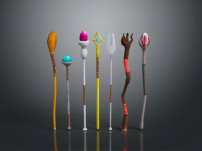 Magic Staff Weapons With Various Designs Different Top Decorations And Colorful Details 3d model
