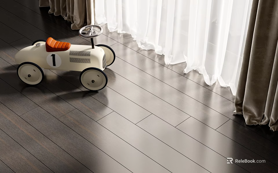 White Electric Toy Car With Orange Seat Number 1 On Wooden Floor And White Curtains 3d model 