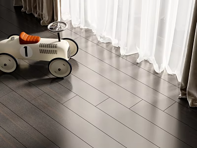 White Electric Toy Car With Orange Seat Number 1 On Wooden Floor And White Curtains 3d model