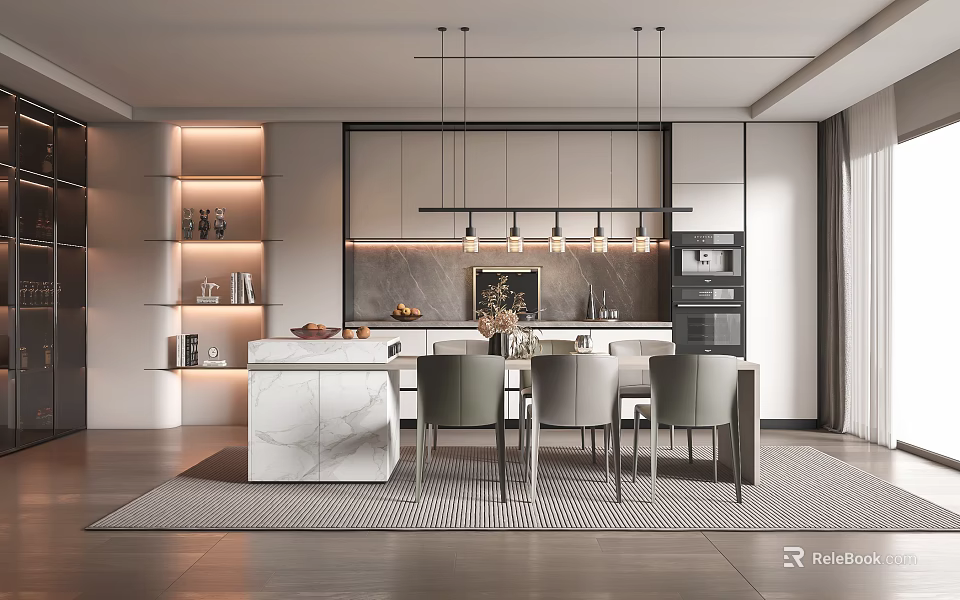 Modern Restaurant Interior With Marble Counter Dining Table And Pendant Lights 3d model