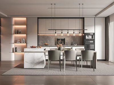 Modern Restaurant Interior With Marble Counter Dining Table And Pendant Lights 3d model
