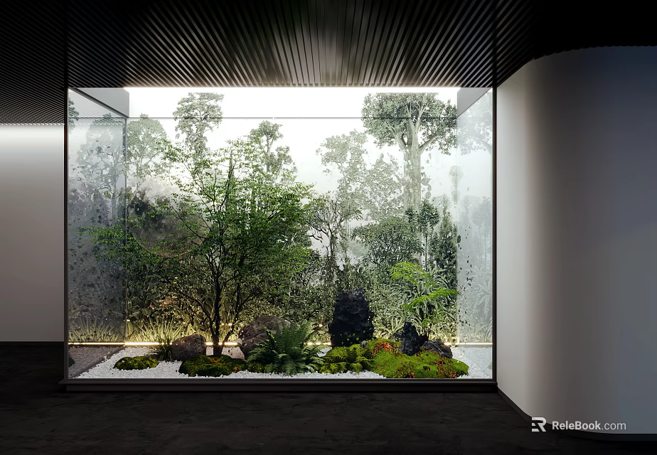 Modern Scenic Wall Design With Green Plants Trees And White Pebbles Floor 3d model 