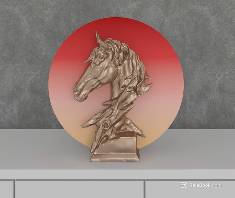 Elegant Horse Head Ornament Decor Set With Red Gradient Circular Background And Gray Shelf 3d model 