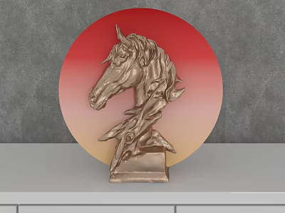 Elegant Horse Head Ornament Decor Set With Red Gradient Circular Background And Gray Shelf 3d model