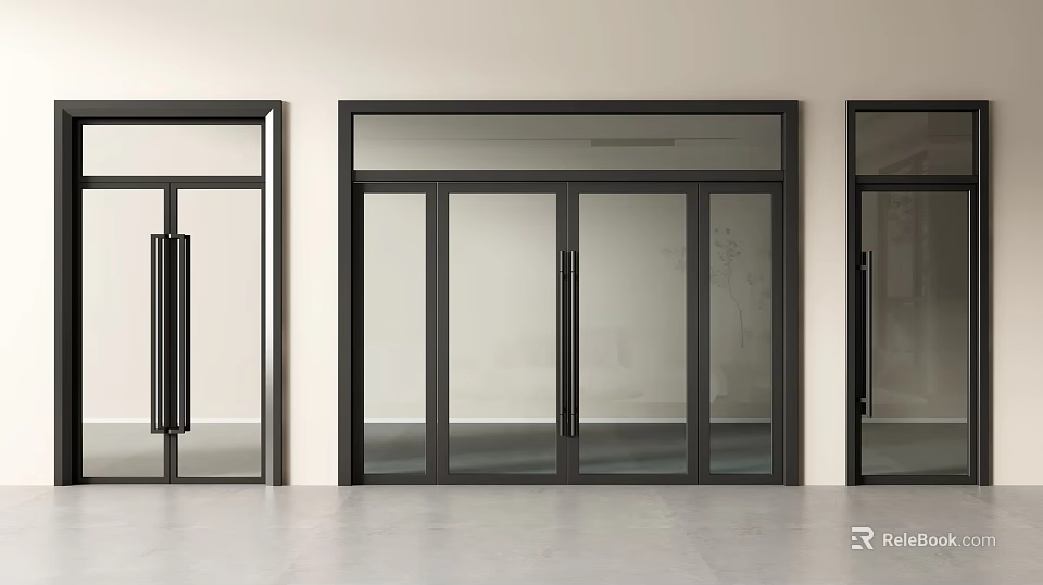 Modern Double Doors Showcase With Black Frame And Glass Panels In Minimalist Interior 3d model 