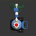 Blue And White Gas Cylinder Equipment With Yellow Valve Green Hose And Wheels