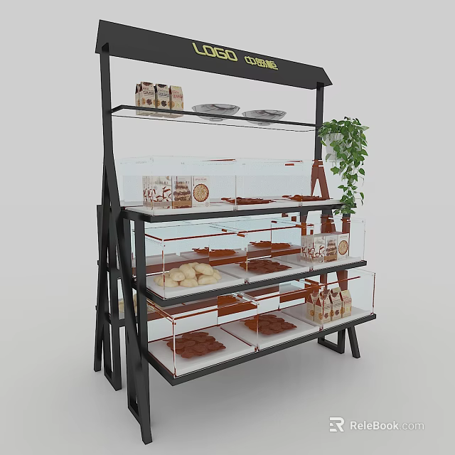 Commercial Bakery Display Shelf With Multiple Glass Layers Baked Goods And Green Plant 3d model 