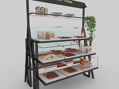 Commercial Bakery Display Shelf With Multiple Glass Layers Baked Goods And Green Plant 3d model