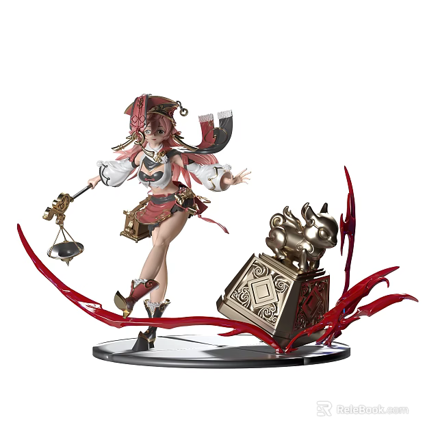 Anime Female Character Action Figure With Balance Scale And Golden Box Red Decorations 3d model 