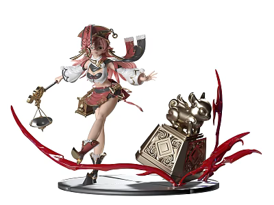 Anime Female Character Action Figure With Balance Scale And Golden Box Red Decorations 3d model