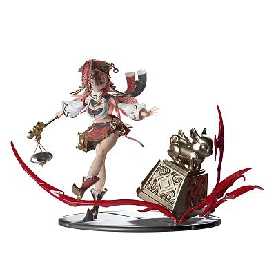 Anime Female Character Action Figure With Balance Scale And Golden Box Red Decorations 3d model