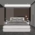 Modern Bedroom Interior With Cozy Bed Nightstands Pendant Light Accent Chair And Rug
