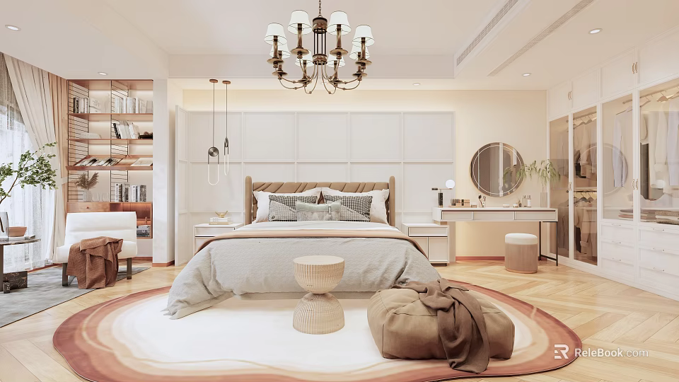 Elegant Modern Bedroom Interior With Large Bed Decorative Pillows Chandelier And Round Rug 3d model 