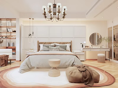 Elegant Modern Bedroom Interior With Large Bed Decorative Pillows Chandelier And Round Rug 3d model