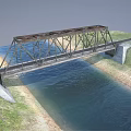 Steel Railway Bridge Structure Spanning Water With Concrete Piers And Rail Tracks