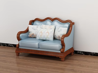 Classic Two Seater Sofa With Blue Upholstery Wooden Carved Frame And Decorative Pillows 3d model