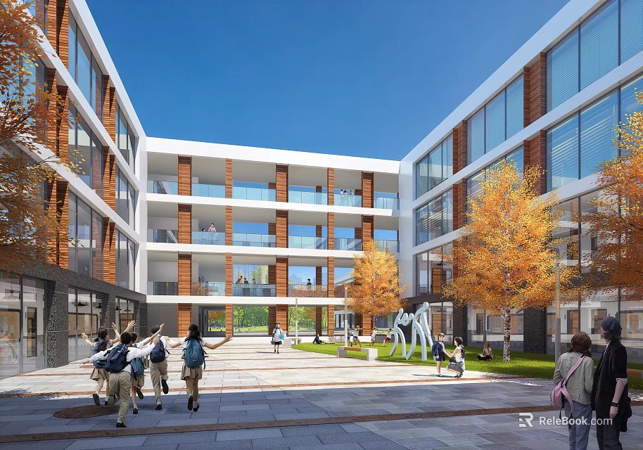 Modern School Building Courtyard With Glass Windows Red Brick And Students Walking Among Autumn Trees 3d model 