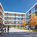 Modern School Building Courtyard With Glass Windows Red Brick And Students Walking Among Autumn Trees