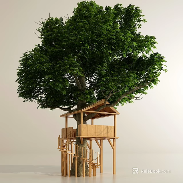 Wooden Treehouse Structure With Stairs And Platform Under Large Green Tree 3d model 