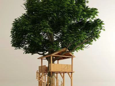 Wooden Treehouse Structure With Stairs And Platform Under Large Green Tree 3d model