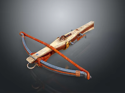 Traditional Wooden Crossbow With Orange And Blue Bow Arms And Decorative Metal Parts 3d model