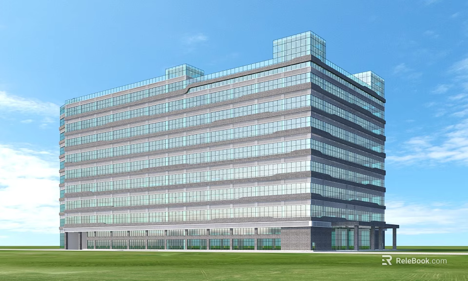 Modern Multi Story Office Building With Glass Curtain Wall And Green Lawn Under Blue Sky 3d model 