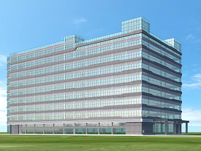 Modern Multi Story Office Building With Glass Curtain Wall And Green Lawn Under Blue Sky 3d model