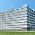 Modern Multi Story Office Building With Glass Curtain Wall And Green Lawn Under Blue Sky