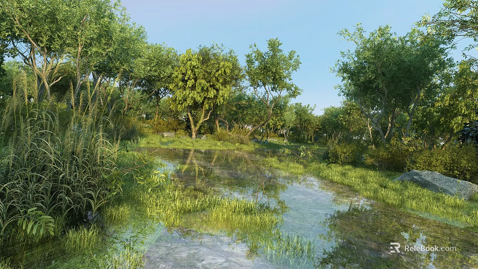 Serene Park Landscape With Lush Trees Calm Water Green Grass And Natural Reflection 3d model 
