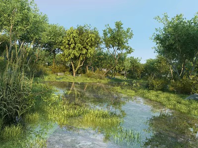 Serene Park Landscape With Lush Trees Calm Water Green Grass And Natural Reflection 3d model