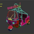 Red Three Wheeled Functional Vehicle With Roof Mounted Machine Gun And Brown Seats