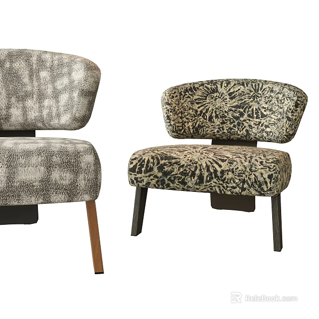 Two Patterned Accent Chairs With Distinct Floral And Abstract Designs And Wooden Legs 3d model 